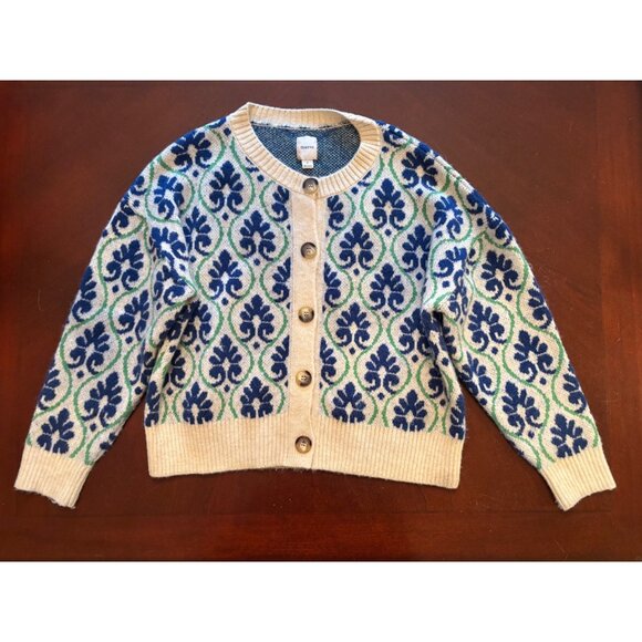 Anthropologie Maeve Small Floral Pop Graphic Intarsia Cardigan Cream/Blue/Green - Picture 2 of 14